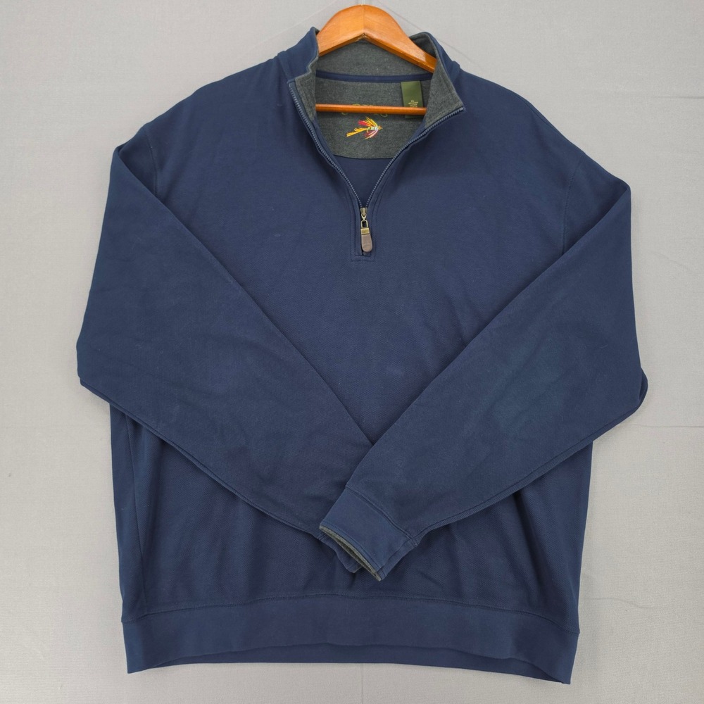 Orvis Mens XL Navy Blue 100% Pima Cotton Quarter Zip Pullover Sweater Knit